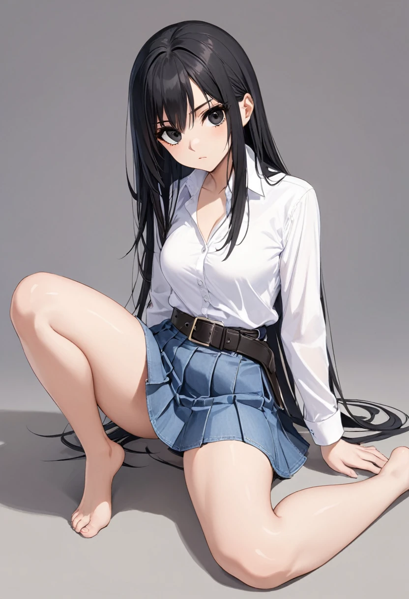 mini skirt , bare foot , white dress shirt , face , denim skirt , assassin , whole body , bare legs ,black hair , black eyes , straight hair , thighs , whole body , pleated skirt , sexy women , long sleeves , waist belt , casual , kneel down , sitting straight , front view