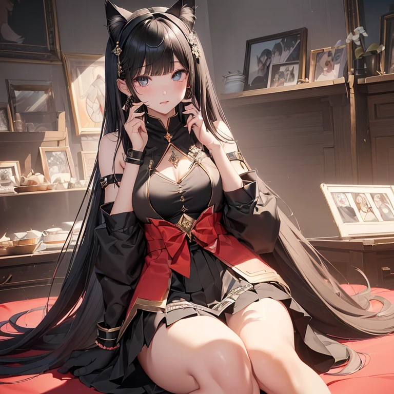 最high quality、Best image quality、masterpiece、girl((20 years old、 By becoming、Vest Bust、Medium bust,Big Chest Tea、Shining eyes（（Animal ears（Cat ear）））、（（（Black Hair））），（（（Perfect face）））（（（黑色Cat ear朵）））Straight bangs, Straight cut hair and bangs, The bangs are very blunt+Straight cut, Long and smooth hair、Thin,Highest peak、Black Student、Black skirt、Jewelry on shoulders ,Diamond Earrings、Wristband、Black gloves)),high quality、Beautiful Art、、、visual art、Perfect Art、8K,real、Dynamic performance