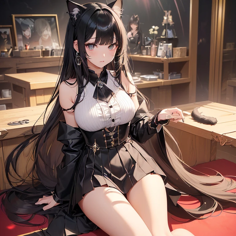 最high quality、Best image quality、masterpiece、girl((20 years old、 By becoming、Vest Bust、Medium bust,Big Chest Tea、Shining eyes((Animal ears(Cat ear)))、(((Black Hair))),(((Perfect face)))(((黑色Cat ear朵)))Straight bangs, Straight cut hair and bangs, The bangs are very blunt+Straight cut, Long and smooth hair、Thin,Highest peak、Black Student、Black skirt、Jewelry on shoulders ,Diamond Earrings、Wristband、Black gloves)),high quality、Beautiful Art、、、visual art、Perfect Art、8K,real、Dynamic performance