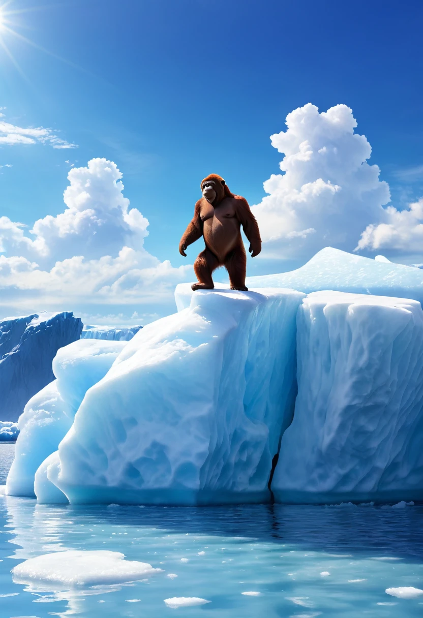Orangutan standing on an iceberg、Sunny midsummer sky、
