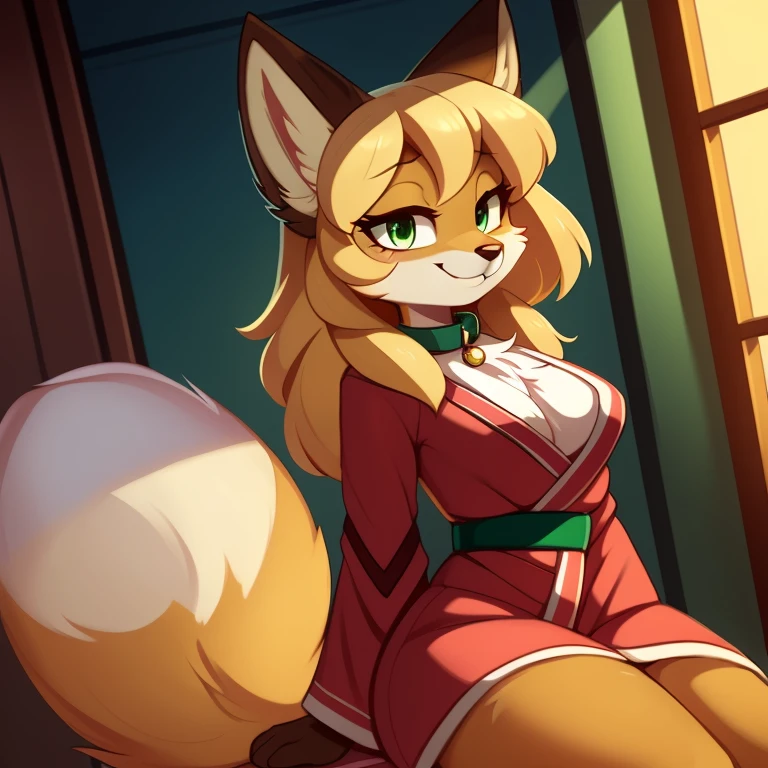 Cute smiling, uploaded the e621, beautiful and detailed, woman (((female))) ((anthro)) Fox, (Averi, Fox girl), by waspsalad, by phluks, by zero-sum, cinematic lighting, Fox, (anthro, fluffy fur, character focus:1.1), 1girl, anthro fox girl, body fur, curvy, sexy, nice, cute, hot, comfortable anime-style cartoon-style, digital drawing, collar, (half-closed eyes), green eyes, light green battle kimono