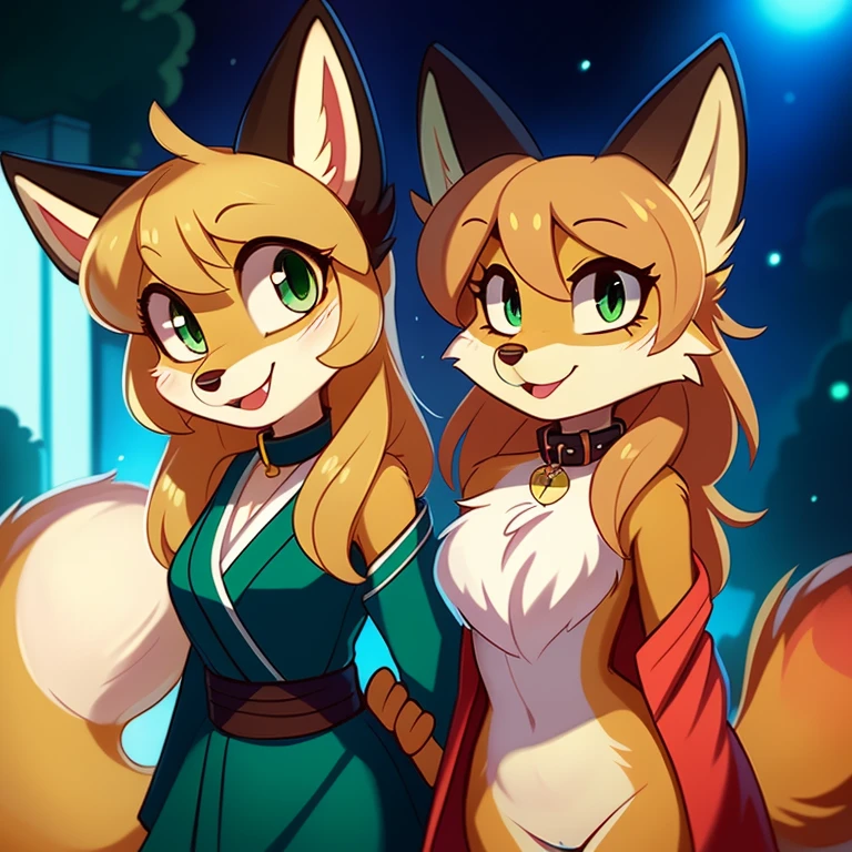 Cute smiling, uploaded the e621, beautiful and detailed, woman (((female))) ((anthro)) Fox, (Averi, Fox girl), by waspsalad, by phluks, by zero-sum, cinematic lighting, Fox, (anthro, fluffy fur, character focus:1.1), 1girl, anthro fox girl, body fur, curvy, sexy, nice, cute, hot, comfortable anime-style cartoon-style, digital drawing, collar, (half-closed eyes), green eyes, light green battle kimono