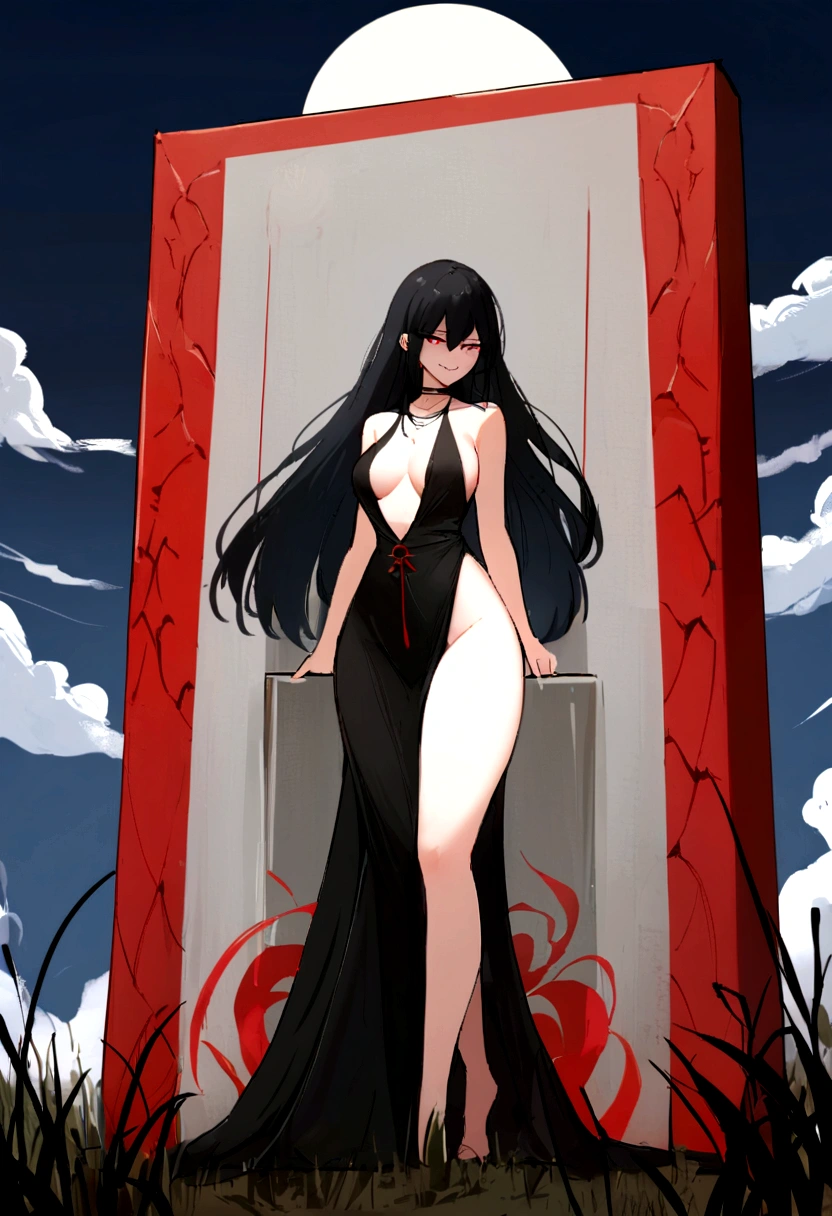 work of art, best qualityer, detailded, 1 girl Alone without clothes, natta sky, plein-air, fullmoon, stele, clouds, natta,, dark sakura, (black gown), long hair, evil smile, Red loop, striped, thicc thighs
