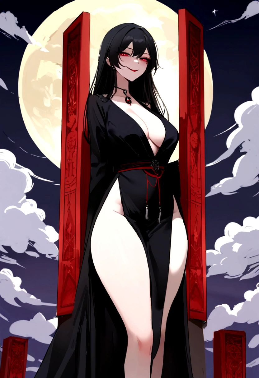 work of art, best qualityer, detailded, 1 girl Alone without clothes, natta sky, plein-air, fullmoon, stele, clouds, natta,, dark sakura, (black gown), long hair, evil smile, Red loop, striped, thicc thighs