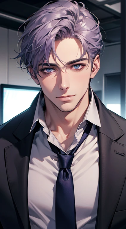 (Highest quality,4K,8K,High resolution,masterpiece:1.2),Super detailed,(Realistic,photoRealistic,photo-Realistic:1.37),1 person,31 years old,Mature Men,Beautiful skin、very handsome,Expressionless,smile,Short gray purple hair,blue eyes,Sharp Eyes,A perfect face without a doubt,Businessman,Office Background,Cinema Lighting,HDR image,tie、