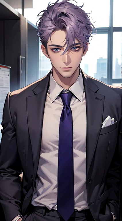 (Highest quality,4K,8K,High resolution,masterpiece:1.2),Super detailed,(Realistic,photoRealistic,photo-Realistic:1.37),1 person,31 years old,Mature Men,Beautiful skin、very handsome,Expressionless,smile,Short gray purple hair,blue eyes,Sharp Eyes,A perfect face without a doubt,Businessman,Office Background,Cinema Lighting,HDR image,tie、