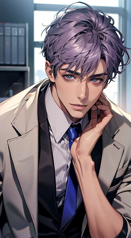 (Highest quality,4K,8K,High resolution,masterpiece:1.2),Super detailed,(Realistic,photoRealistic,photo-Realistic:1.37),1 person,31 years old,Mature Men,Beautiful skin、very handsome,Expressionless,smile,Short gray purple hair,blue eyes,Sharp Eyes,A perfect face without a doubt,Businessman,Office Background,Cinema Lighting,HDR image,tie、