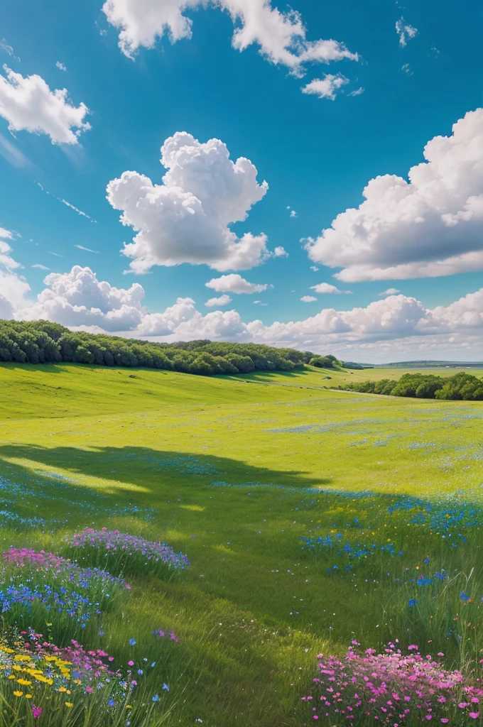 Create a vibrant painting of a landscape with a sunny blue sky filled with fluffy cumulus clouds. Below, green grass and wild flowers sways in the wind, highlighted by the sun's rays