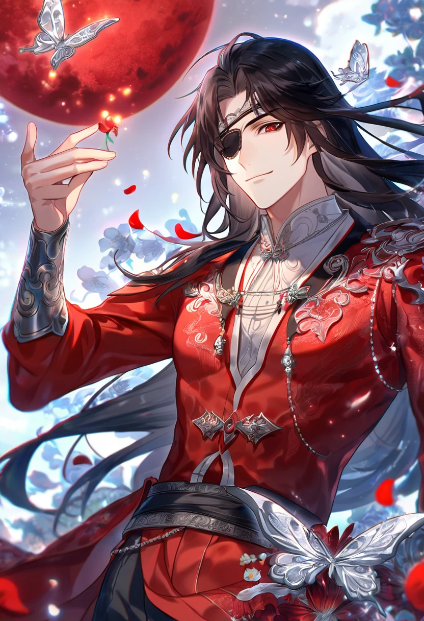 absurdres, highres, ultra detailed, HDR, master piece, Hua Cheng, black long hair, expressive red eye, black eye patch on his let eye, Heaven Official's Blessing, sexy man, handsome, best quality, red moon, flowers, fantasy, magical, solo, red water, red shining fireflies, red petals, red clothes, handsome smile, silver small butterflies, silver dust