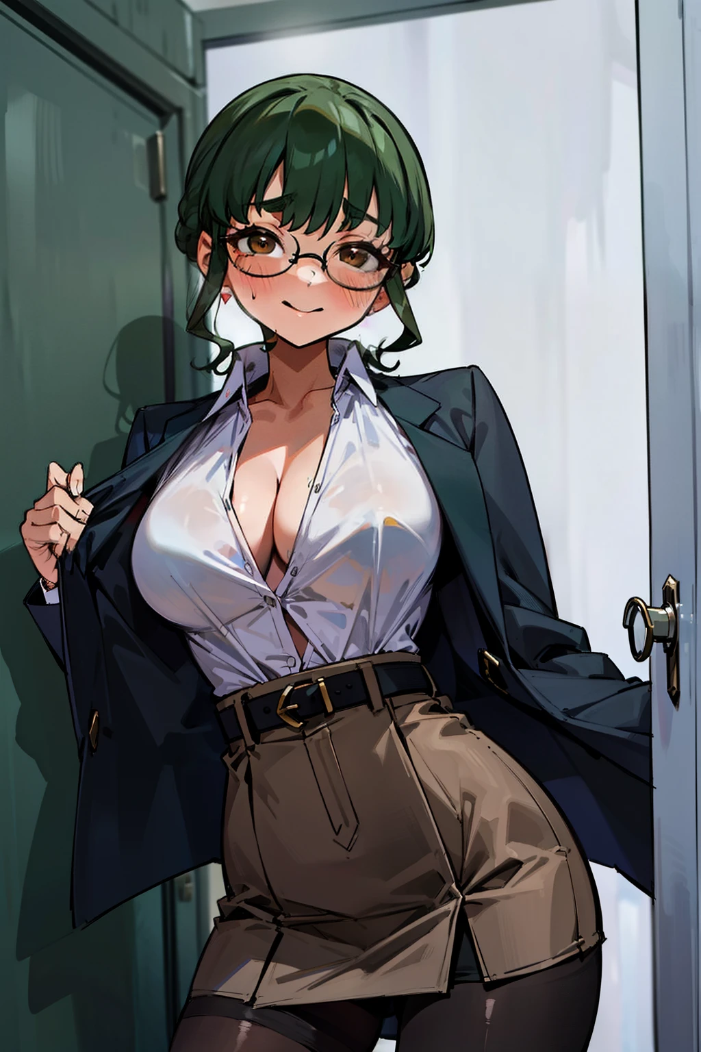(Masterpiece), Best Quality, ultra-detailed, 1girl ( anosillus II, Slender and sexy body, Big and pretty breasts, dark green hair, brown eyes, half-closed eyes, spectacles), a seductive face, smirk, solo, nose blush, blush, facing viewer, looking at viewer, business suits black jacket, white shirts, cleavage, bows, black skirt, tight skirt, ultra mini skirt, brown pantyhose, in the office, night time, standing, Sexy waist teasing, closed the door , from_below