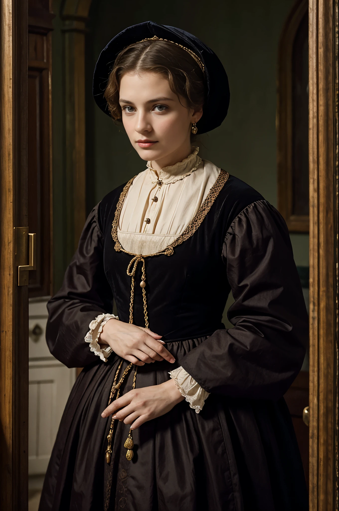 Front view, looking at viewer, 16 century, Medieval British women's clothing, English girl, 18 age old, ((Blond hair:1.3), short ponytail , wince, (Blue eyes:1.3), beautiful lip, serious), gold crescent earrings, gold neckless, (big breasts, slender whist, wide hip)(Net seater, green kilt Gather skirt , textured skin , HI detailed skin, (foreshortening, Canon, 8k, anatomically correct, super detail, high details, highness,