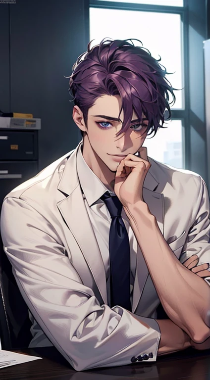 (Highest quality,4K,8K,High resolution,masterpiece:1.2),Super detailed,(Realistic,photoRealistic,photo-Realistic:1.37),1 person,31 years old,Mature Men,Beautiful skin、very handsome,Expressionless,smile,Short purple hair,blue eyes,Sharp Eyes,A perfect face without a doubt,Businessman,Office Background,Cinema Lighting,HDR image,tie、