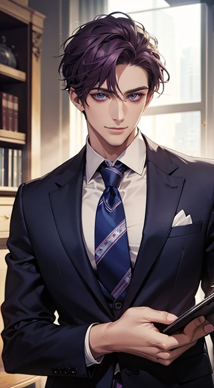 (Highest quality,4K,8K,High resolution,masterpiece:1.2),Super detailed,(Realistic,photoRealistic,photo-Realistic:1.37),1 person,31 years old,Mature Men,Beautiful skin、very handsome,Expressionless,smile,Short purple hair,blue eyes,Sharp Eyes,A perfect face without a doubt,Businessman,Office Background,Cinema Lighting,HDR image,tie、