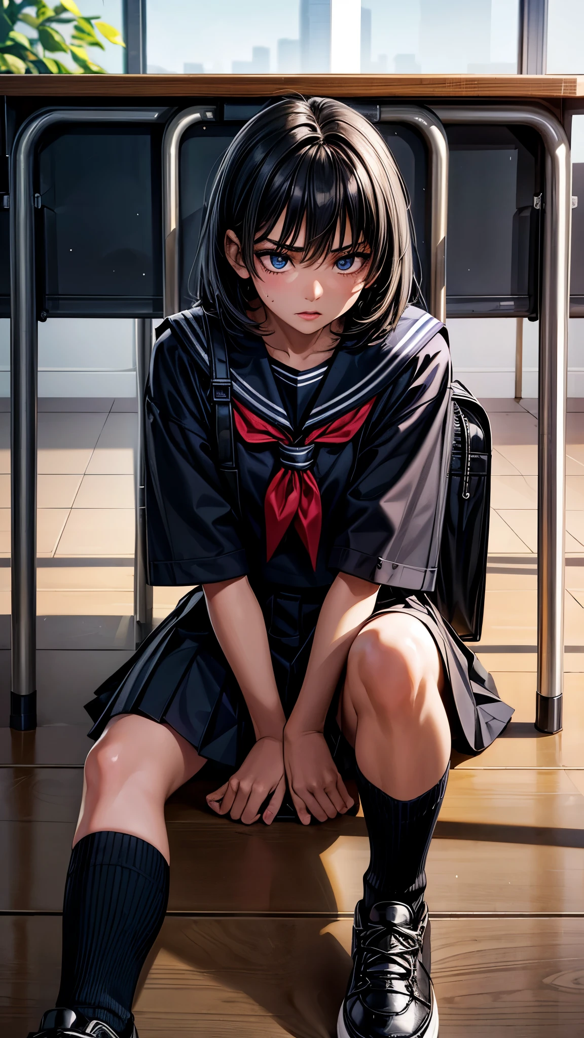 beautiful detailed eyes, beautiful detailed lips, extremely detailed eyes and face, longeyelashes, 1 girl, face close up, inside the school, inside the classroom, 16 years old, sweat, dark skin color, (very short black hair),displeased, sulky, sailor suit, dark blue color, white shirts, short sleeve, school, dark blue skirt, black skirt, high socks, sneaker, school bag, sitting on the ground,spread legs,best quality, 4k, 8k, highres, masterpiece:1.2, ultra-detailed, realistic, photorealistic, photo-realistic:1.37, HDR, UHD, studio lighting, ultra-fine painting, sharp focus, physically-based rendering, extreme detail description, professional, vivid colors, bokeh, portraits