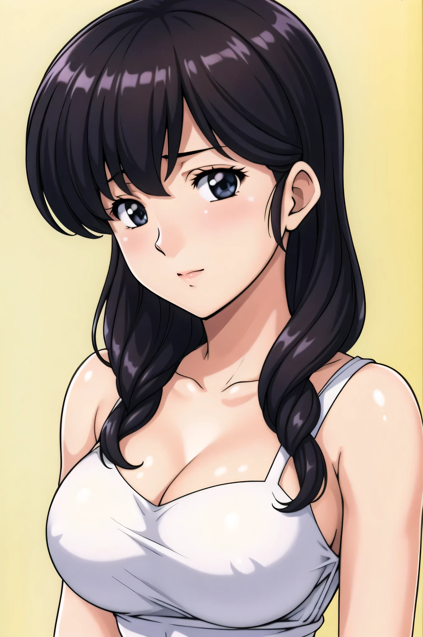 Simple yellow Background,
dynamic pose,standing at attention,
yellow shirt, white apron, frilled apron, cleavage, collarbone,
black eyes, black hair,long hair, bangs, braid,hair ornament,
1 girl, 20yo,Young female,Beautiful long legs,Beautiful body,
Beautiful Nose,Beautiful character design, perfect eyes, perfect face,expressive eyes,perfect balance,
looking at viewer,(Focus on her face),closed mouth, (innocent_big_eyes:1.0),(Light_Smile:0.3),
official art,extremely detailed CG unity 8k wallpaper, perfect lighting,Colorful, Bright_Front_face_Lighting,White skin,
(masterpiece:1.0),(best_quality:1.0), ultra high res,4K,ultra-detailed,
photography, 8K, HDR, highres, absurdres:1.2, Kodak portra 400, film grain, blurry background, bokeh:1.2, lens flare, (vibrant_color:1.2),professional photograph,
(Beautiful,large_Breasts:1.4), (beautiful_face:1.5),(narrow_waist),