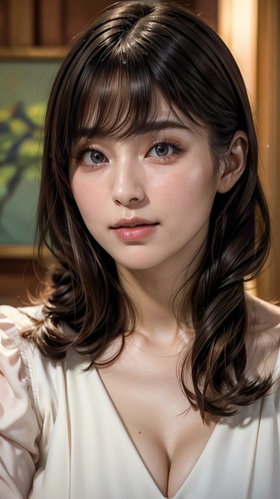 (masterpiece:1.3), (8K, Photorealistic, Raw photo, Best image quality: 1.4), Japanese girl、(Random Hairstyles:1.2)、Cleavage:1.2、Super detailed face、Attention to detail、double eyelid、Put your chest together、Sharp focus:1.2、Beautiful woman:1.4、Light brown hair、Highest quality、masterpiece、Ultra-high resolution、(Photorealistic:1.4)、, compensate, eye shadow, Thick eyelashes, Fantasy, Looking at the audience, spring ((Natural big breasts:1.2)),((Upper Body))