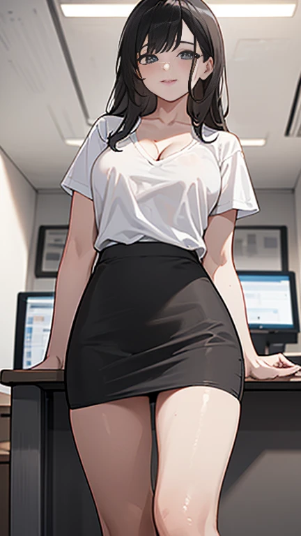 (8K、Best image quality、Highest quality、masterpiece)、Detailed face、 1 Girl、Attractive office lady,Mature Woman,28 years old,Black Hair、Long Hair、Diagonal bangs、A charming smile、Medium chest、(White T-shirt))、Cleavage、errect nipples,((Grey pencil skirt:1.2))、skirt lift,Thighs,Angle from below、office、