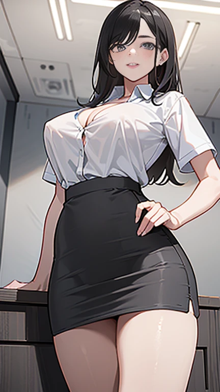 (8K、Best image quality、Highest quality、masterpiece)、Detailed face、 1 Girl、Attractive office lady,Mature Woman,28 years old,Black Hair、Long Hair、Diagonal bangs、A charming smile、Medium chest、(White T-shirt))、Cleavage、errect nipples,((Grey pencil skirt:1.2))、skirt lift,Thighs,Angle from below、office、