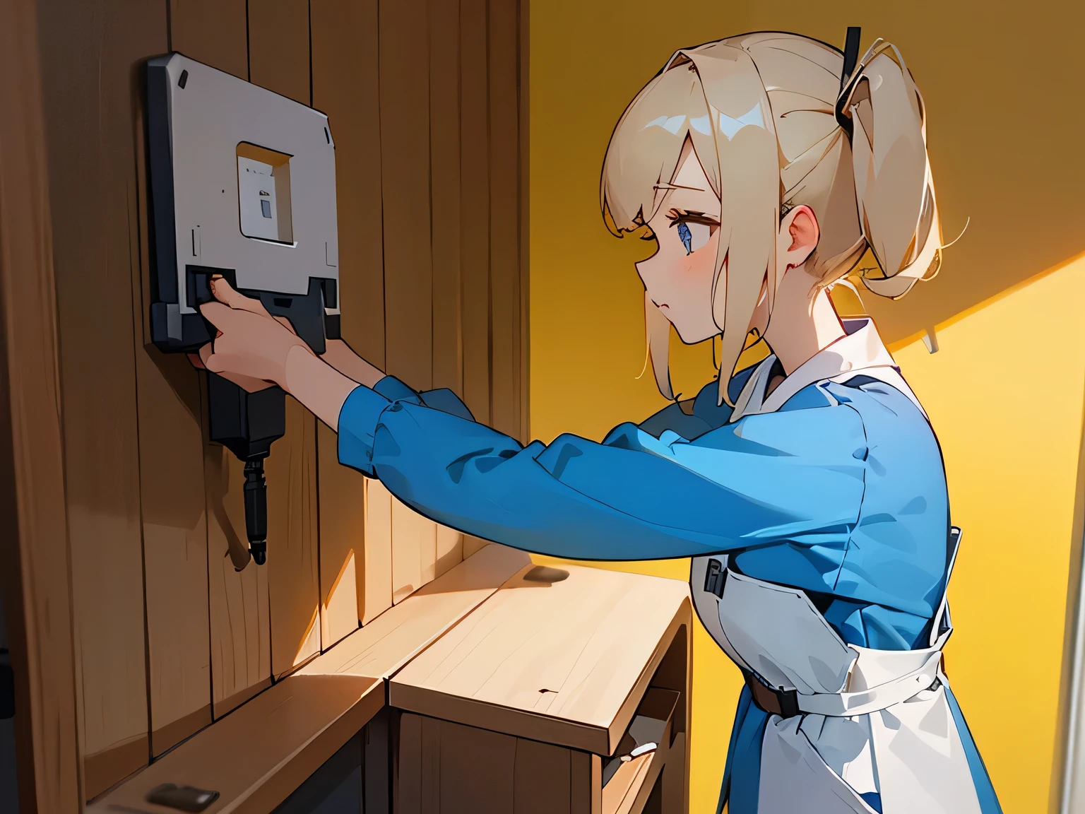 DIY woodworking woman,Hold the electric screwdriver in your right hand、Mounted on the wall