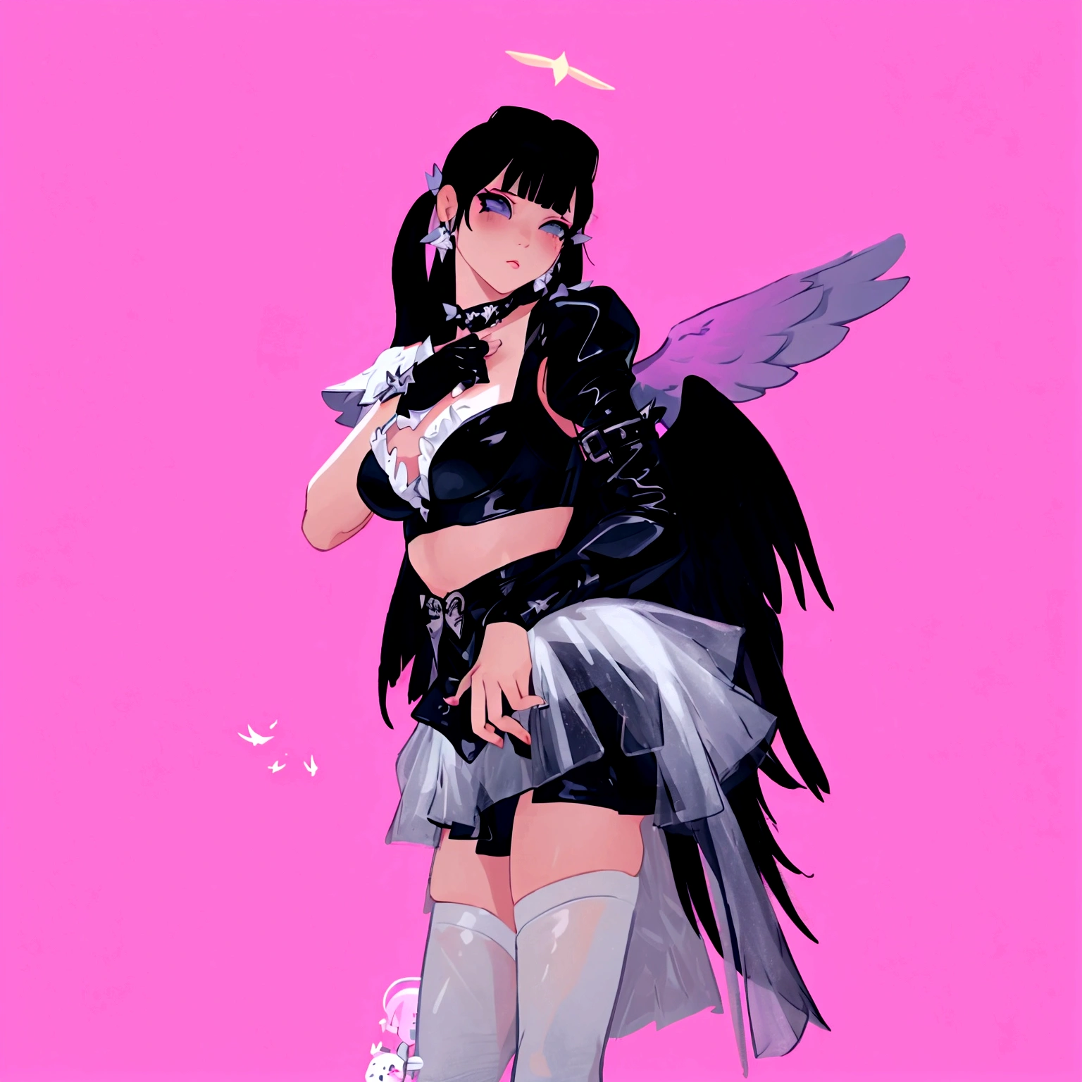 there is a woman in a costume with wings and a sword, wearing angel, inspired by Sim Sa-jeong, villainess has black angel wings, angel girl, fallen angel, angel with black wings, e-girl, e - girl, hip skirt wings, imvu, girl with angel wings, belle delphine, aesthetic cute with flutter