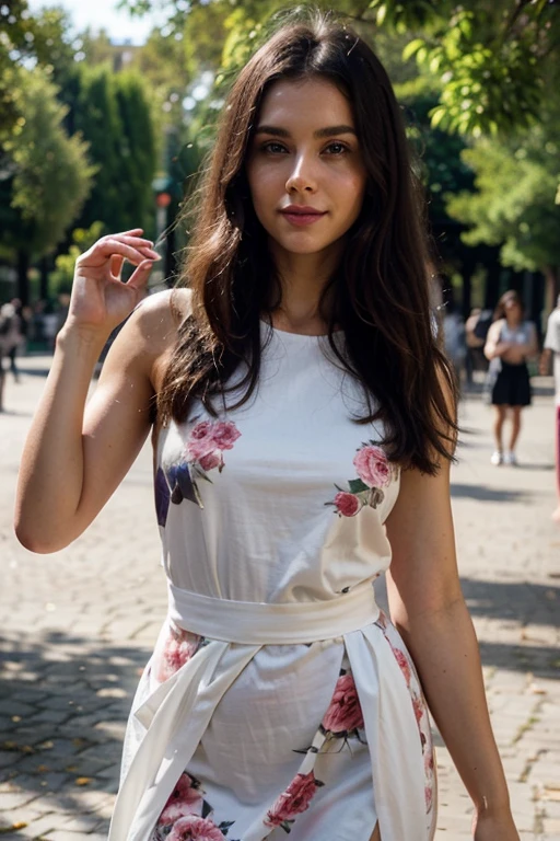 Beautiful woman, Scrawny, healthy, happy expression, satisfied with the body, dressed in a long flowered dress , fashionable clothes of the year 2024, She is in the Luxembourg Gardens in Paris, posing to photo, Photo to post on Instagram, face detailed, gorgeous eyes, beautiful lips, detailed hair, athletic body, natural lighting, dynamic pose, clean background, swirly vibrant colors, cinematic lighting, high qualiy, photorrealistic, chic, dynamic, mighty