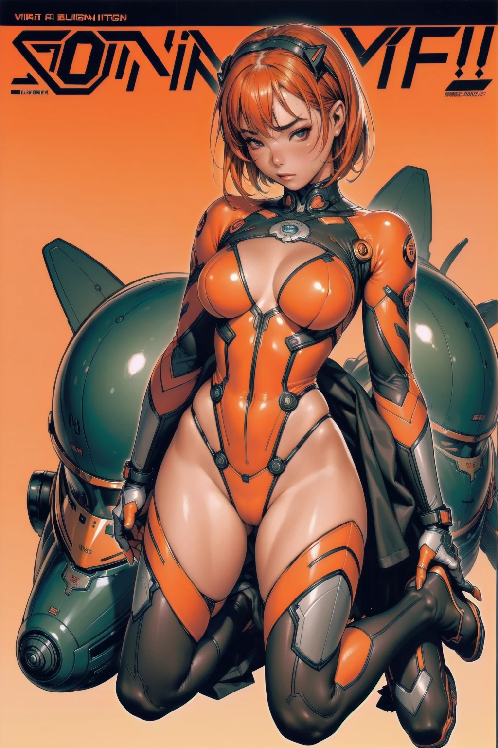 ((best qualityer)), (((Bettie Page))), (((clothes 100% Fluorescent))), (((slim))), (Muscles), (((praying mantis suit))), (((kamen rider))), (((pin-up))), ((Perfect masterpiece)), (detailded: 1.4), (absurdrez), (((Bob Hair))), (((full body fitness, )), (((orange hair woman, blushful))), 21 year old woman, beautiful sexy woman, giant robot pilot, wild with perfect corpo fitness, wearing small mecha battle armor clothes, tiny thong, Simon Bisley styled for the cover of Heavy Metal magazine, clothing with Japanese cyberpunk graphic patterns, Halftone pattern and vertical stripes, earth tone, exiting the body of a giant robot