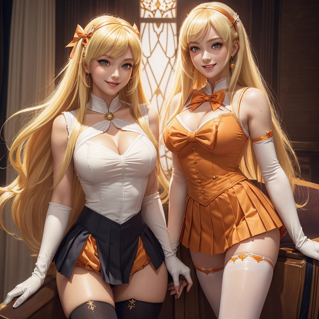 Beautiful 2 girl, full body shot, (blonde hair, straight blonde hair: 1.28), clear skin, (princess peach's face and hair), pale skin, medium breasts, cleavage, (thin hips, thin waist , athletic body: 1.25), (stockings), detailed skin, smile open mouth), black and silver and orange color scheme, highly detailed)), 8k textures, soft light, elegant, highly detailed, sharp focus, soothing tones, hyperdetailed, low contrast, hdr, faded, bed, ((sailor venus outfit, long gloves, jewelry, make-up, glowing red eyes, smile, open mouth, pleated skirt, Bosque, leotard, pleated skirt, bow on chest, knee high stockings))