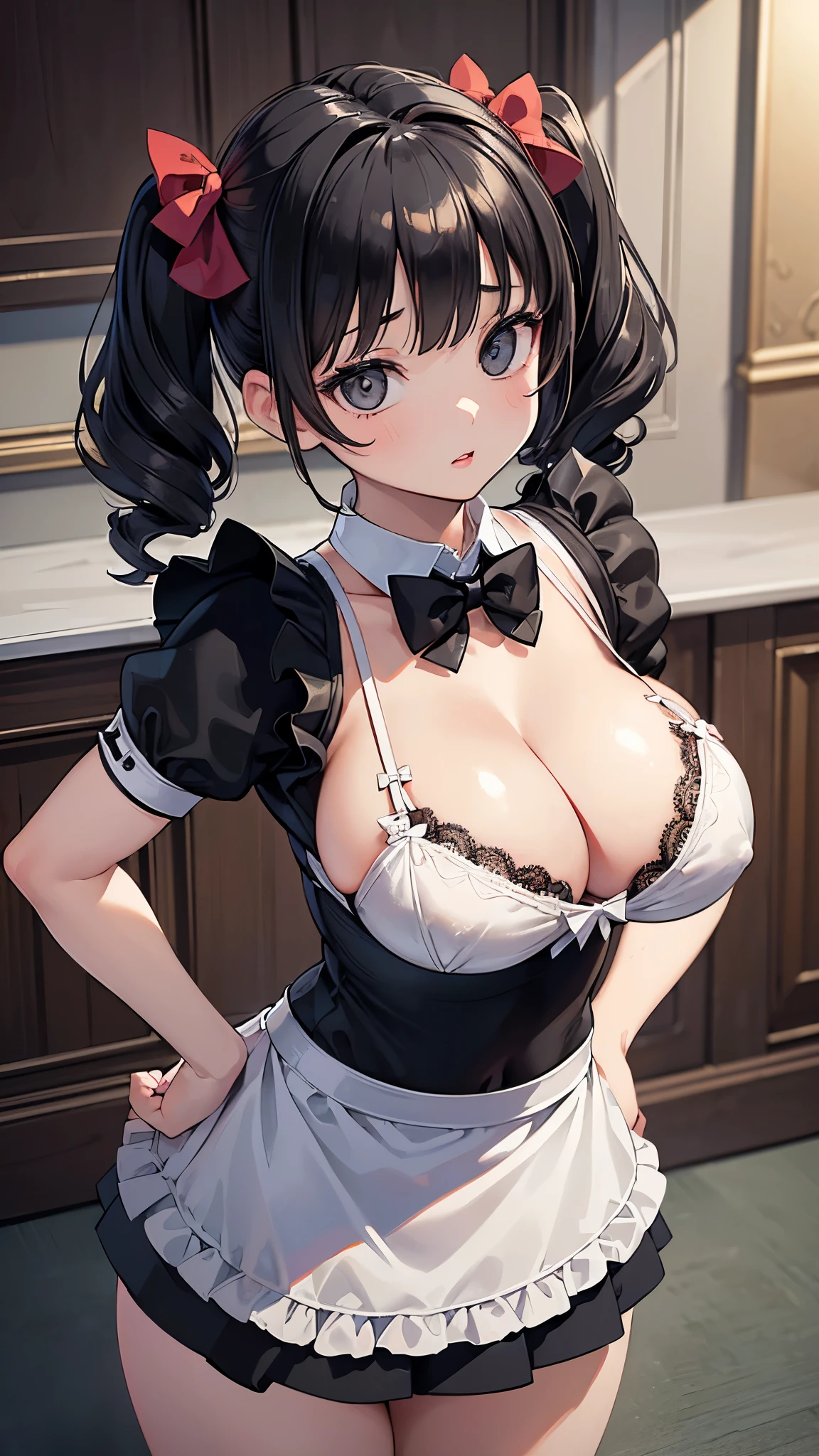 (masterpiece: 1.3, highest quality, super high resolution, very detailed), (realistic, photorealistic: 1.4), beautiful illustration, perfect lighting, natural light, border depth, beautifully detailed hair, beautifully detailed face, beautiful details, beautiful body, firm breasts, beautiful thighs, beautiful legs, beautiful hands, showing to the viewer, one girl, very cute girl, (perfect anatomy, anatomically correct), cute and symmetrical face, , perfect face, perfect eyes, shiny skin, ((park)), ((posing with hands on hips)), ((7 year old ((short black hair, pigtails, two side up, curly hair)), ((very large breasts)), cleavage, (((large breasts))), (highest quality), realistic, (live action, exquisite details) ((young body))), ((immature girl), ((sexy white bra)), ((open lips)), ((big black eyes)), ((Collar with Bow Tie), (Cleavage), ((House Maid)) Standing Cowboy Shot