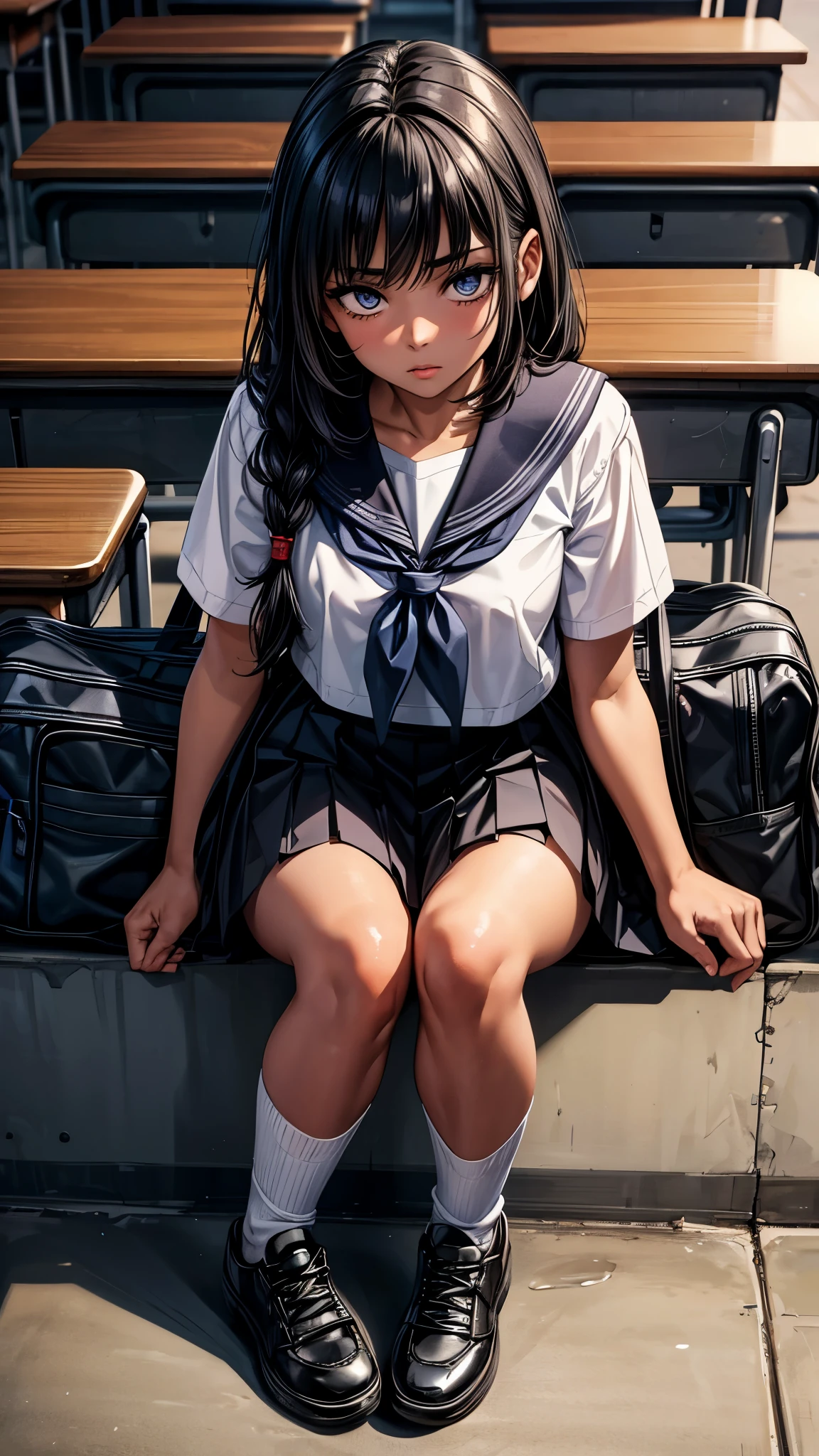 beautiful detailed eyes, beautiful detailed lips, extremely detailed eyes and face, longeyelashes, 1 girl, face close up, inside the school, inside the classroom, 16 years old, sweat, dark skin color, (very short black hair),displeased, sulky, sailor suit, dark blue color, white shirts, short sleeve, school, dark blue skirt, black skirt, high socks, sneaker, school bag, sitting on the ground,spread legs,best quality, 4k, 8k, highres, masterpiece:1.2, ultra-detailed, realistic, photorealistic, photo-realistic:1.37, HDR, UHD, studio lighting, ultra-fine painting, sharp focus, physically-based rendering, extreme detail description, professional, vivid colors, bokeh, portraits