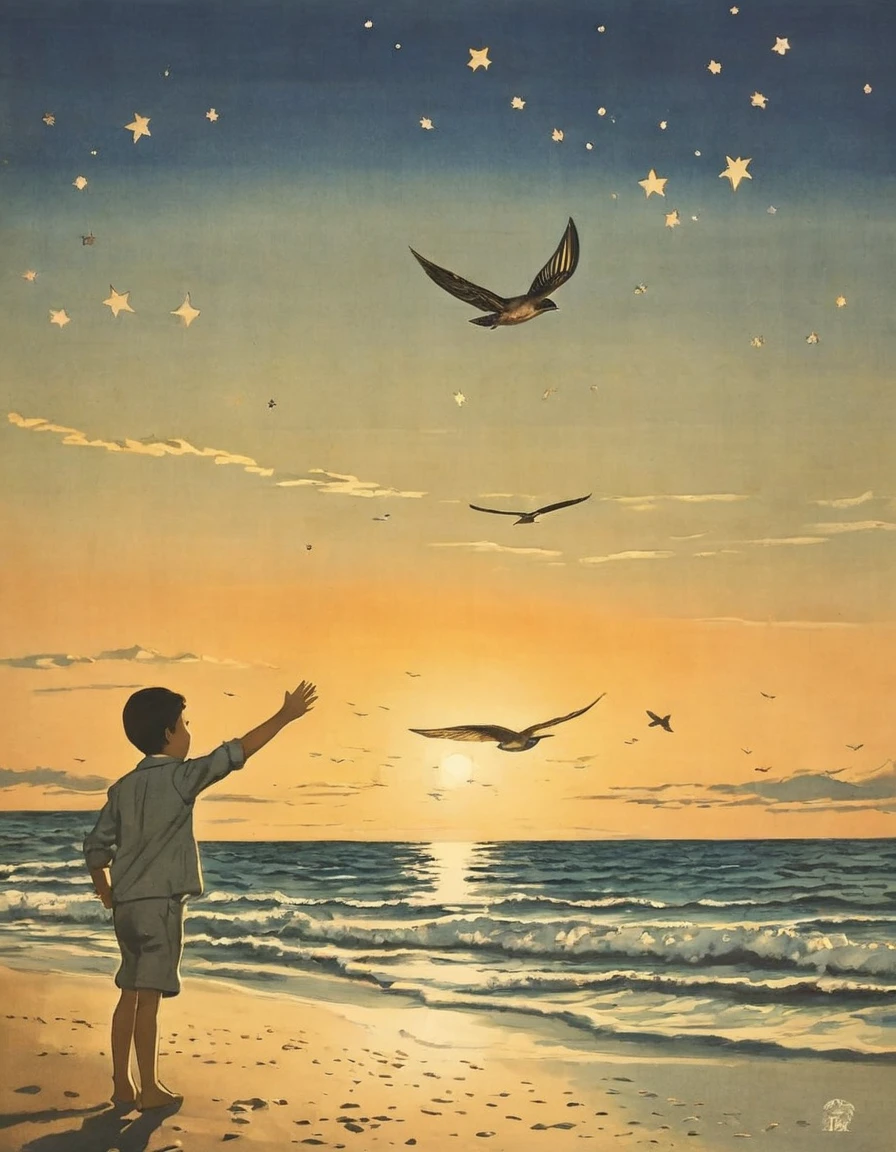 (((1920s Japanese poster)))),Fantastic and beautiful atmosphere、A fantastic touch、Sunset on the sea、Sparrow is flying、Little Star、A young boy waving his hands towards the sea on a sandy beach