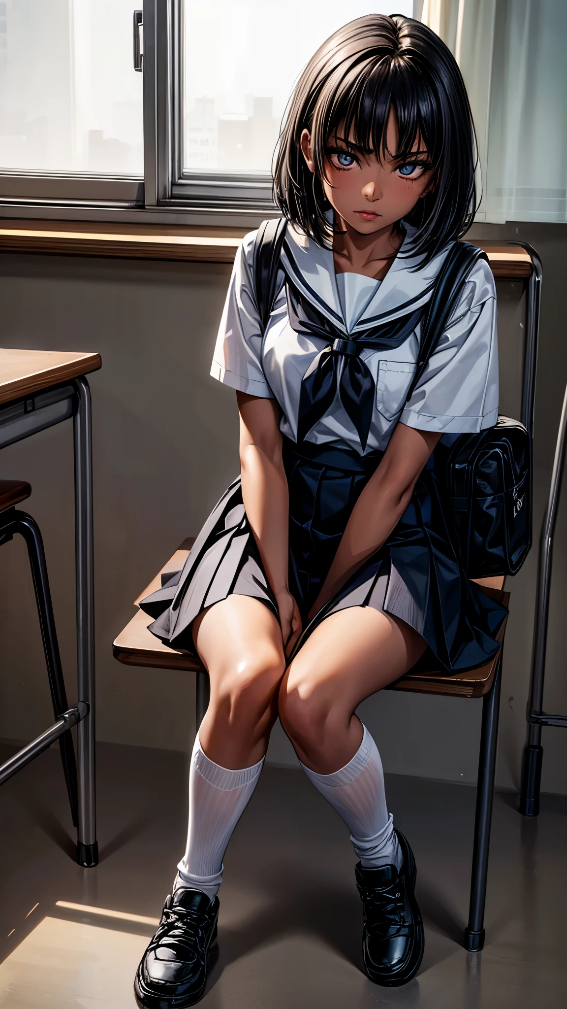 beautiful detailed eyes, beautiful detailed lips, extremely detailed eyes and face, longeyelashes, 1 girl, face close up, inside the school, inside the classroom, ************, sweat, dark skin color, (very short black hair),displeased, sulky, sailor suit, dark blue color, white shirts, short sleeve, school, dark blue skirt, black skirt, high socks, sneaker, school bag, sitting on the ground,spread legs,best quality, 4k, 8k, highres, masterpiece:1.2, ultra-detailed, realistic, photorealistic, photo-realistic:1.37, HDR, UHD, studio lighting, ultra-fine painting, sharp focus, physically-based rendering, extreme detail description, professional, vivid colors, bokeh, portraits