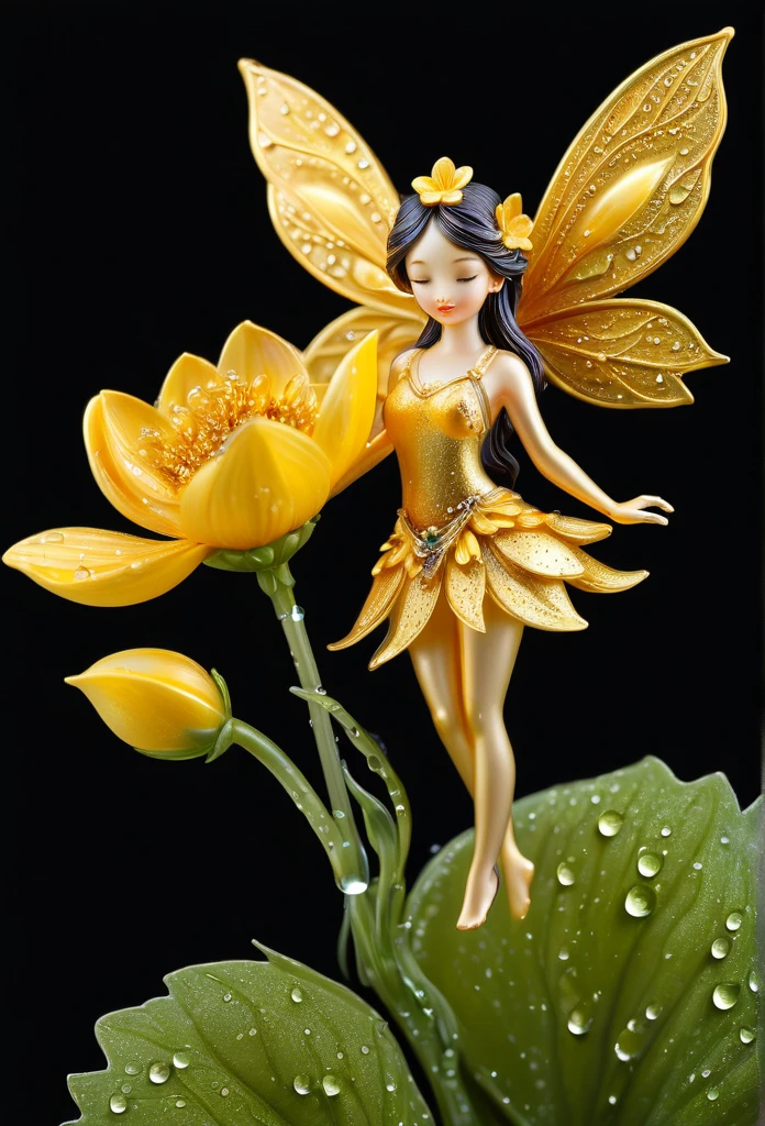 Beautiful golden flower,with water drops,a tiny fairy (miniature) is gracefully holding the flower, pitch black background,(art work),(refined details),(high quality)