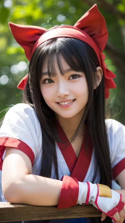 nakorurums,
red bow,
bow,
red hairband,
hairband,
hair fringe,
long hair,
ainu clothes,
fingerless gloves,
short sleeves,
a close up of a person in a costume holding a knife,
kunoichi,
katana zero video game character,
amaterasu,
skin pores texture,
cute,
wrinkled skin,
sharp,
15 years old,
flirts with the camera,
(Asian girl:1.2),
(Realistic hair:1.2),
(realistic eyes:1.2),
(Beauty face:1.3),
(detailed face and eyes):1.2, 
(freckles:0.5),
perfect body, 
perfect hands,
perfect face,
perfect eyes, 
Best quality, 
ultra highres, 
(realistic, photo-realistic:1.33), 
(8k, RAW photo, best quality, masterpiece:1.2),
Kodak gold 200, 
National Geographic style, 
medium shot, 
Photography, 
movie, 
cinematic, 
Realistic, 
natural lighting, 
depth of field, 
film grain,
full body, 
looking at viewer,
smile, 
smiling,