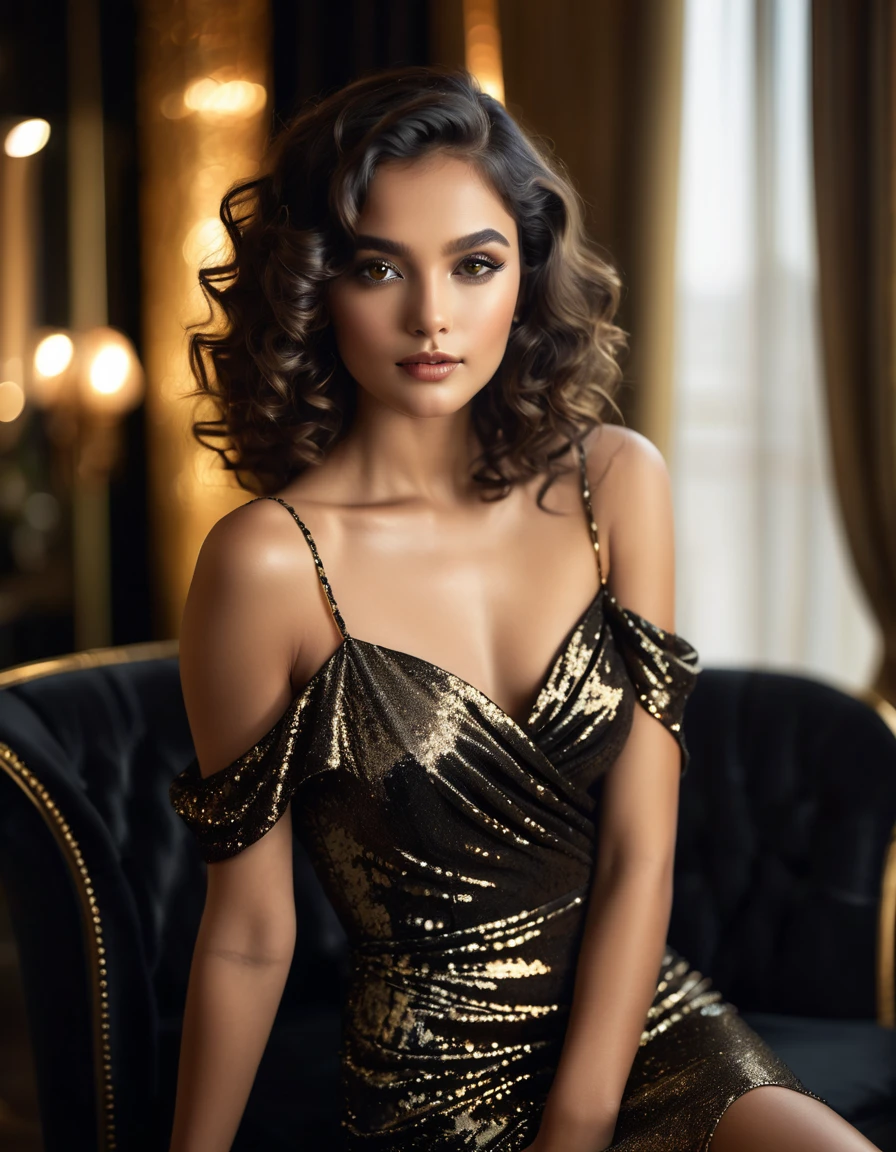 A captivating young woman with shoulder-length, wavy dark hair poses elegantly. She is dressed in a stunning, black and gold shimmering dress that highlights her toned physique. Her deep, soulful eyes and perfectly contoured face are enhanced by her subtle, yet effective makeup. The soft lighting and the blurred, sophisticated indoor background, featuring sheer curtains and plush seating, add to the luxurious and intimate atmosphere of the scene.