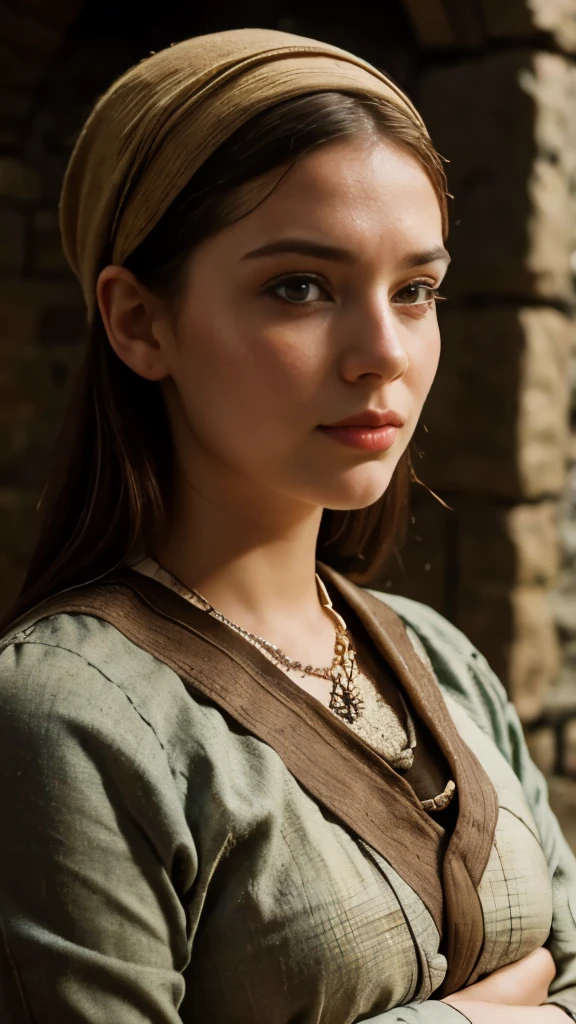 Close up shot , looking at viewer,  century, Medieval  Scottish women&#39;s clothing, Scottish girl, 18 age old, (light Gold hair, middle hair , wince, Blue eyes, beautiful lip,  serious), gold crescent earrings, gold neckless, (big breasts, slender whist, wide hip, real public hair, corrected pussy and anal) ,  textured skin , HI detailed skin, (foreshortening, Canon, 8k, anatomically correct,  super detail, high details, highness, 