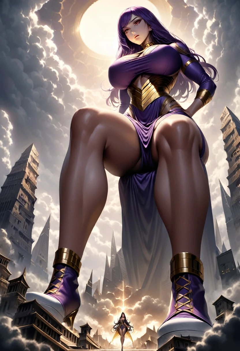 Towering Giantess, Egyptian goddess clothing, purple high heels, toned and athletic, massive strength, really big breasts, gold eyes, deep purple long hair, superior expression, sitting on a gigantic throne, smoke and clouds roil around her, epic scale and drama, dark gloomy lighting, realistic, tense and ominous atmosphere, majestic, powerful, goddess, perspective from below, hand on hip, looking downwards. Fullbody.