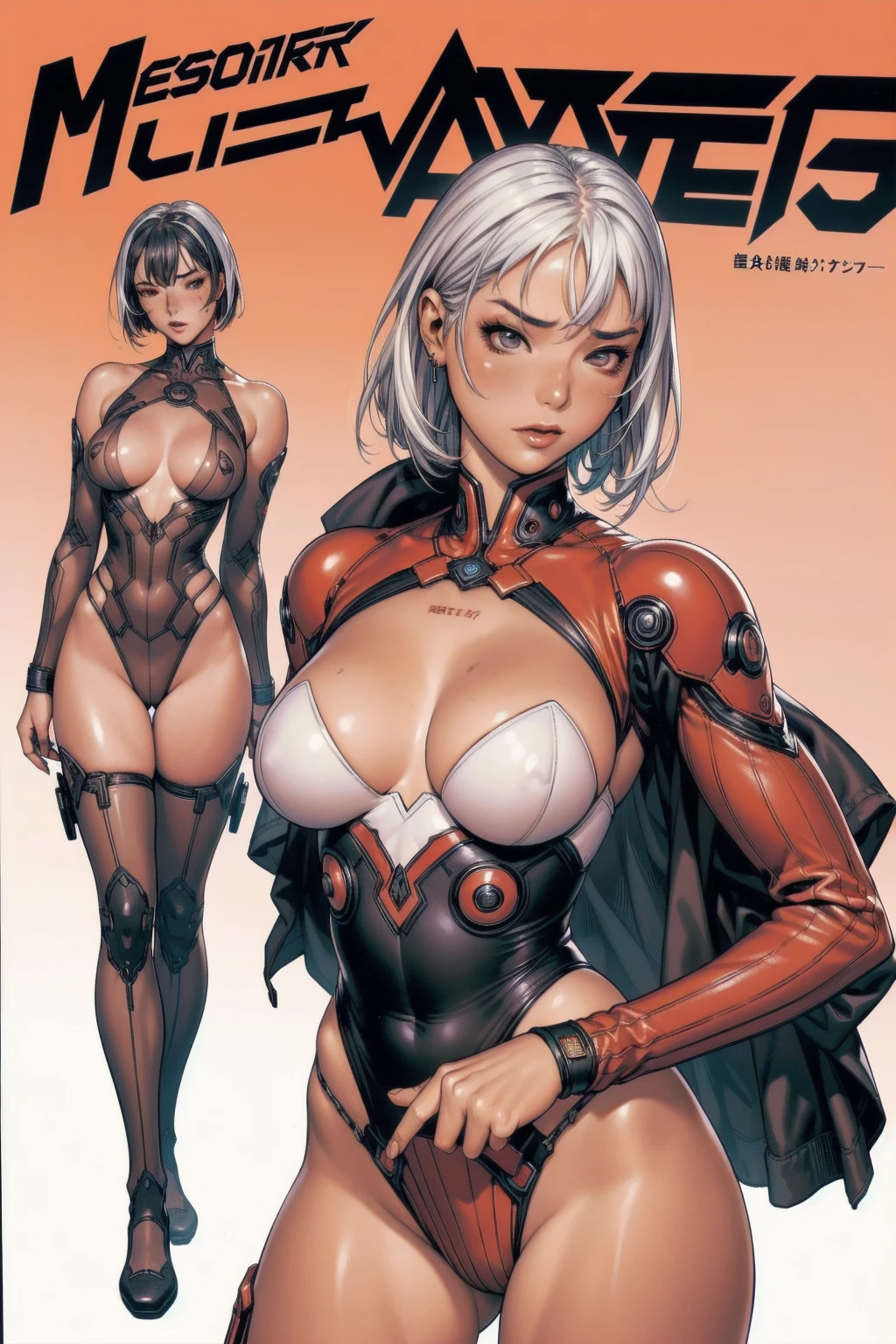 ((best qualityer)), (((Bettie Page))), (((clothes 100% vermelha))), (((slim))), (Muscles), (((Red suit))), ((Perfect masterpiece)), (detailded: 1.4), (absurdrez), (((Bob Hair))), (((full body fitness, neckline showing part of the breasts)), (((white hair woman, blushful))), 21 year old woman, beautiful sexy woman, giant robot pilot, wild with perfect corpo fitness, wearing small mecha battle armor clothes, tiny thong, Simon Bisley styled for the cover of Heavy Metal magazine, clothing with Japanese cyberpunk graphic patterns, Halftone pattern and vertical stripes, earth tone, exiting the body of a giant robot