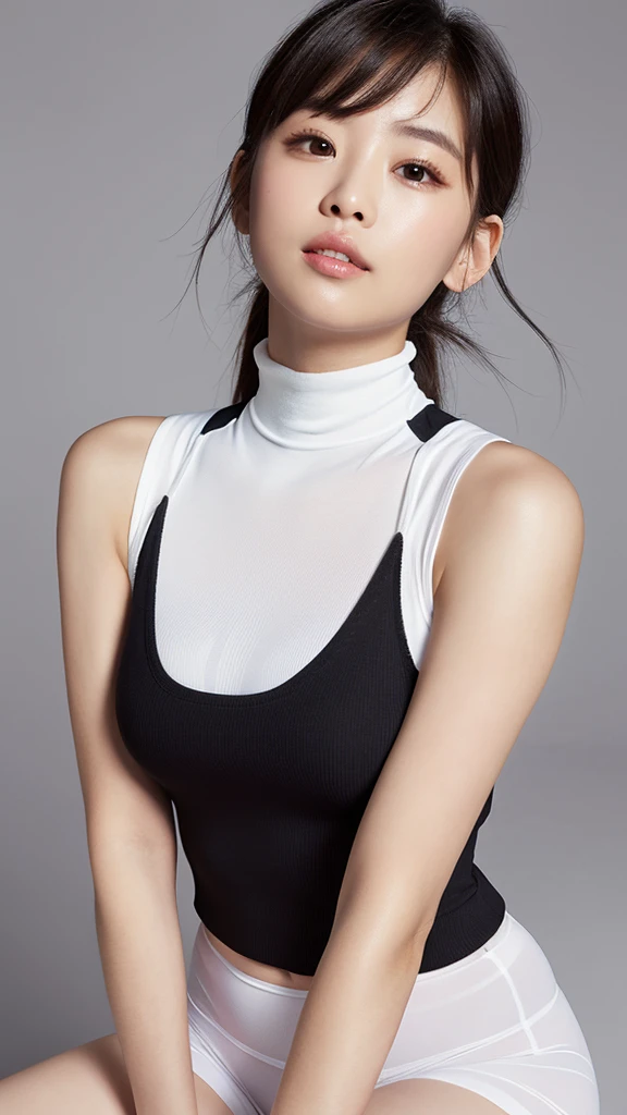 vivid,Normal chest,(between legs),cute,(Detailed face),A light, sporty, sleeveless, turtleneck white outfit,Ultra-high resolution,(Photorealistic:1.7),Black long hair,Gray background,