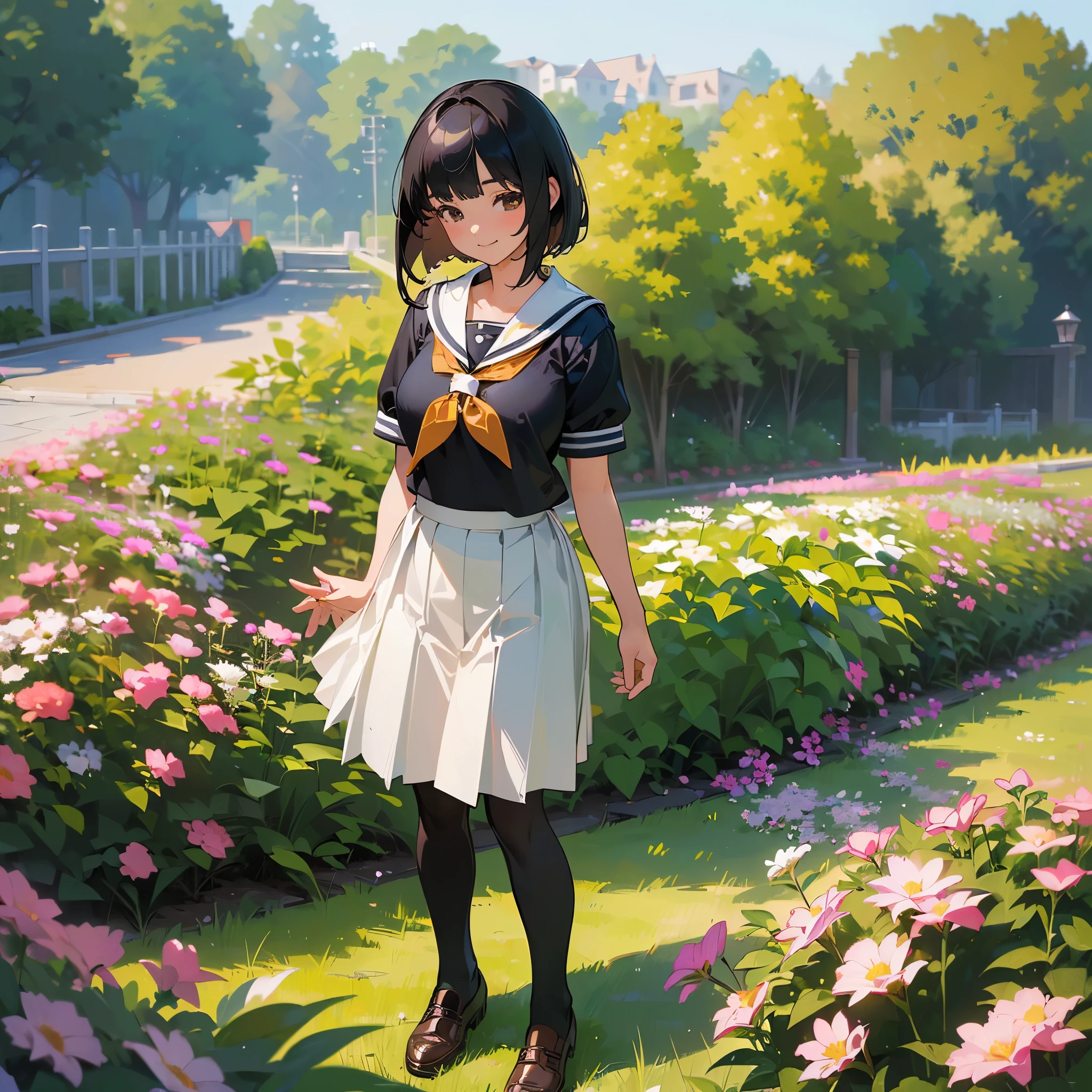 (Highest quality, High resolution, Super detailed, Realistic:1.37), Peaceful atmosphere, (Outdoor, garden), age girl standing alone,(my breasts are big.),Beautifully detailed features, Cute Smile, ((Black bob hair)),Short-sleeved sailor uniform, Pleated skirt,Black tights,Brown leather shoes.