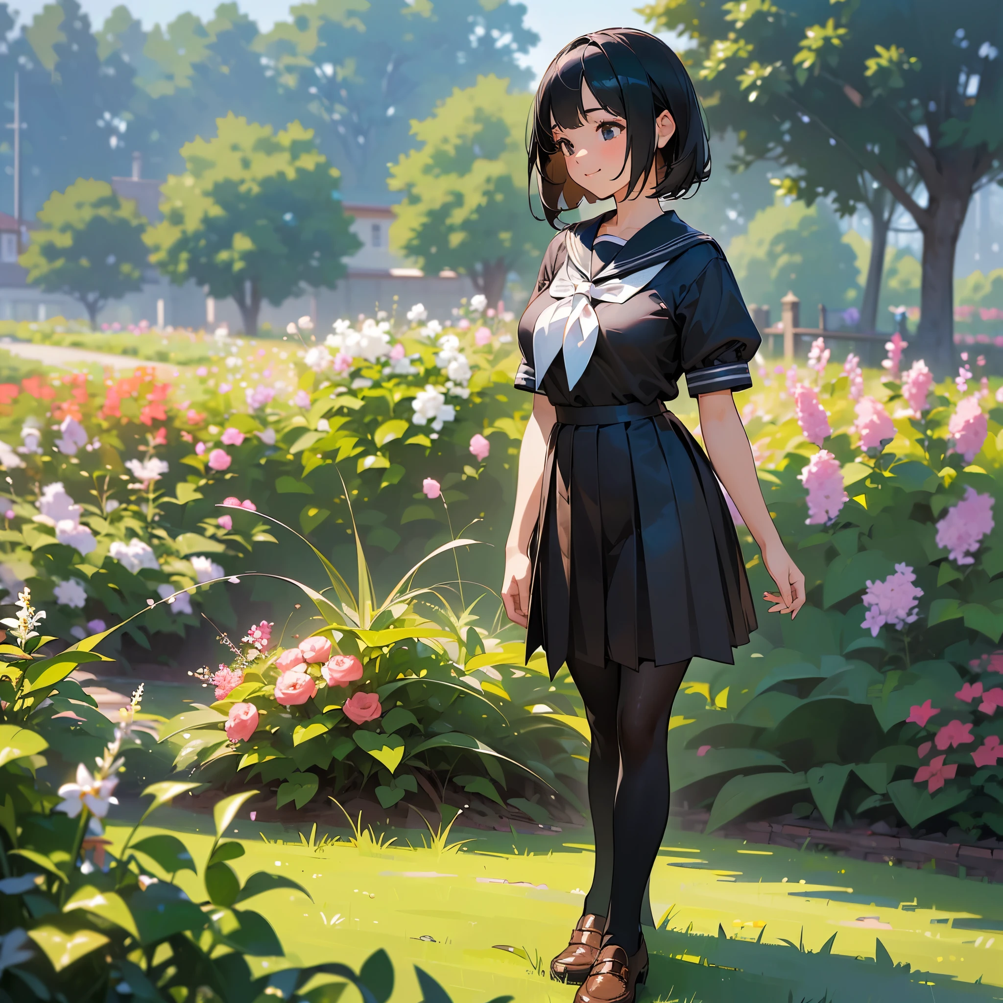 (Highest quality, High resolution, Super detailed, Realistic:1.37), Peaceful atmosphere, (Outdoor, garden), Teenage girl standing alone,(my breasts are big.),Beautifully detailed features, Cute Smile, ((Black bob hair)),Short-sleeved sailor uniform, Pleated skirt,Black tights,Brown leather shoes.