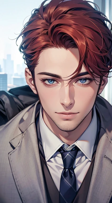 (Highest quality,4K,8K,High resolution,masterpiece:1.2),Super detailed,(Realistic,photoRealistic,photo-Realistic:1.37),1 person,31 years old,Mature Men,Beautiful skin、very handsome,Expressionless,smile,Short gray red hair,blue eyes,Sharp Eyes,A perfect face without a doubt,Businessman,Office Background,Cinema Lighting,HDR image,tie、