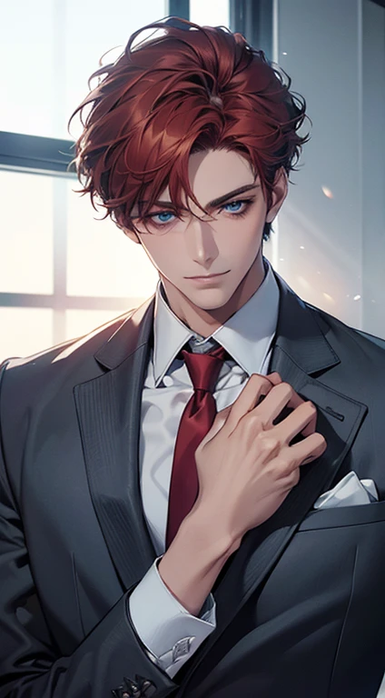 (Highest quality,4K,8K,High resolution,masterpiece:1.2),Super detailed,(Realistic,photoRealistic,photo-Realistic:1.37),1 person,31 years old,Mature Men,Beautiful skin、very handsome,Expressionless,smile,Short gray red hair,blue eyes,Sharp Eyes,A perfect face without a doubt,Businessman,Office Background,Cinema Lighting,HDR image,tie、