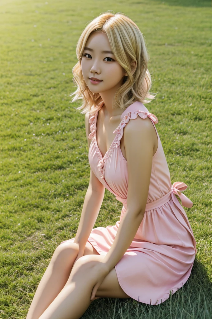 Korean blonde girl with short wavy hair sitting on grass tender realistic cosplay type dressed in pink dress, in full screen