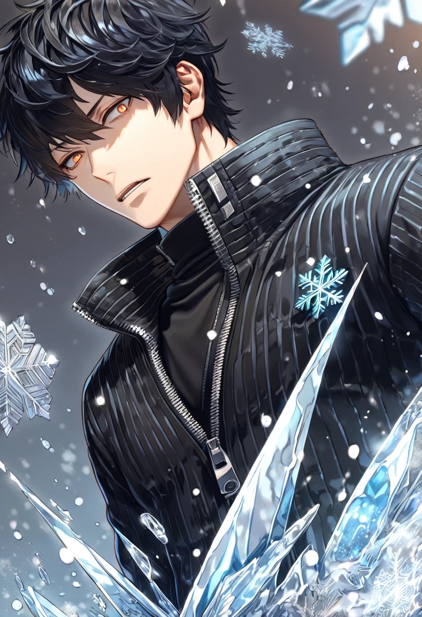 absurdres, highres, ultra detailed, HDR, master piece, best quality, extremely detailed, Kageura Masato, wild black hair, expressive amber eyes, World Trigger, solo, sexy man, handsome, black sweater with high collar and a zipper, magical, fantasy, snowflakes, ice butterflies, ice, snowing