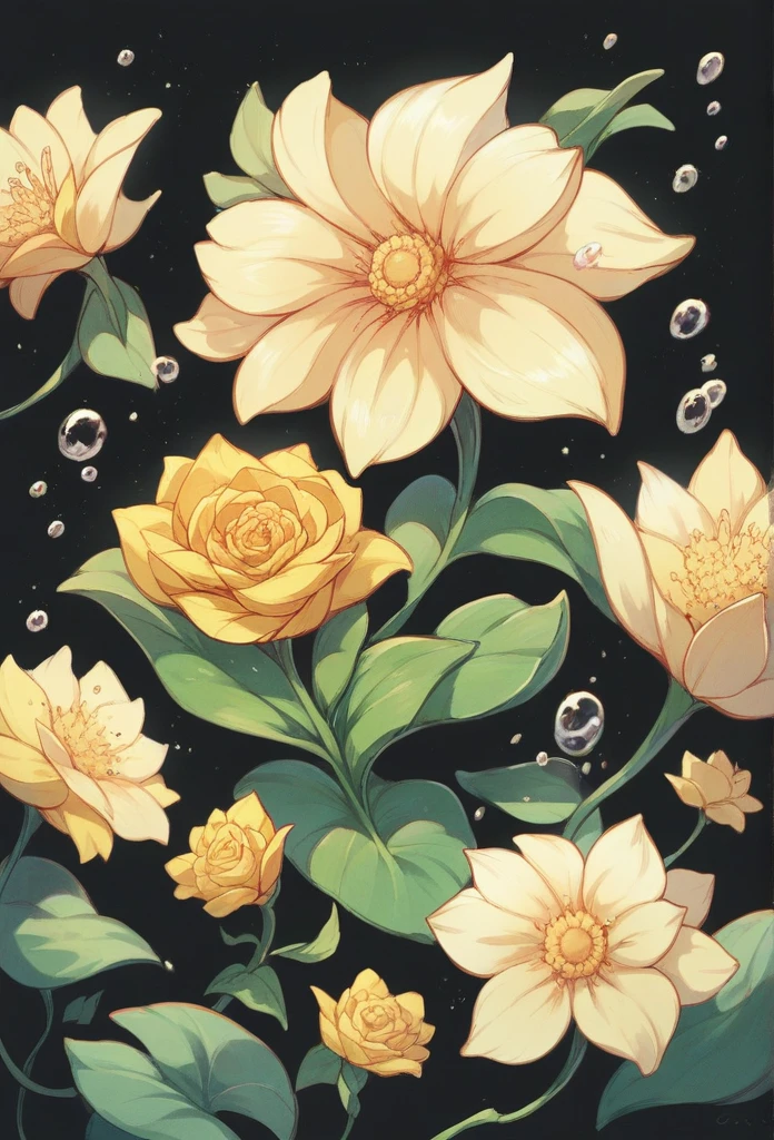 Beautiful golden flower,with water drops,a tiny fairy (miniature) is gracefully holding  the flower, pitch black background,(art work),(refined details),(high quality)