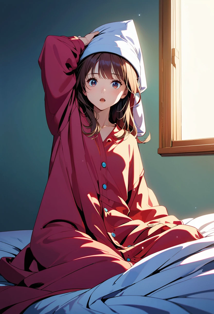 detailed illustration, (front view), (side view),dynamic angle, ultra-detailed, illustration, clean line art, shading, anime, detailed eyes, detailed face, beautiful face, dramatic lighting, detailed illustration, dynamic angle, ultra-detailed, illustration, (single woman: 1.8), masterpiece, masterwork, beautiful, (1 woman:1.8),
Woman, waking up, in a oversized pajama, long nightcap hat, stretching arms, yawning,