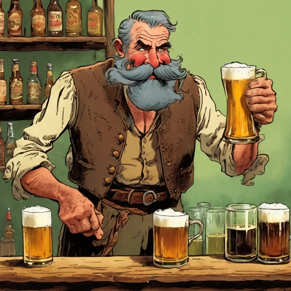 1man,Old West, Bartender, Beer, Whiskey, Liquor Shelf, Huge Mustache, Period Clothing, Old, slight, Skinny, Proboscis, big nose, tiny glasses, Grizzled, elderly, cleaning a mug of beer, Oil paint, black and white 