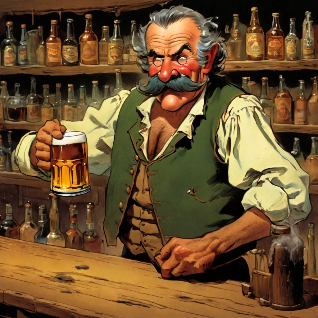 1man,Old West, Bartender, Beer, Whiskey, Liquor Shelf, Huge Mustache, Period Clothing, Old, slight, Skinny, Proboscis, big nose, tiny glasses, Grizzled, elderly, cleaning a mug of beer, 