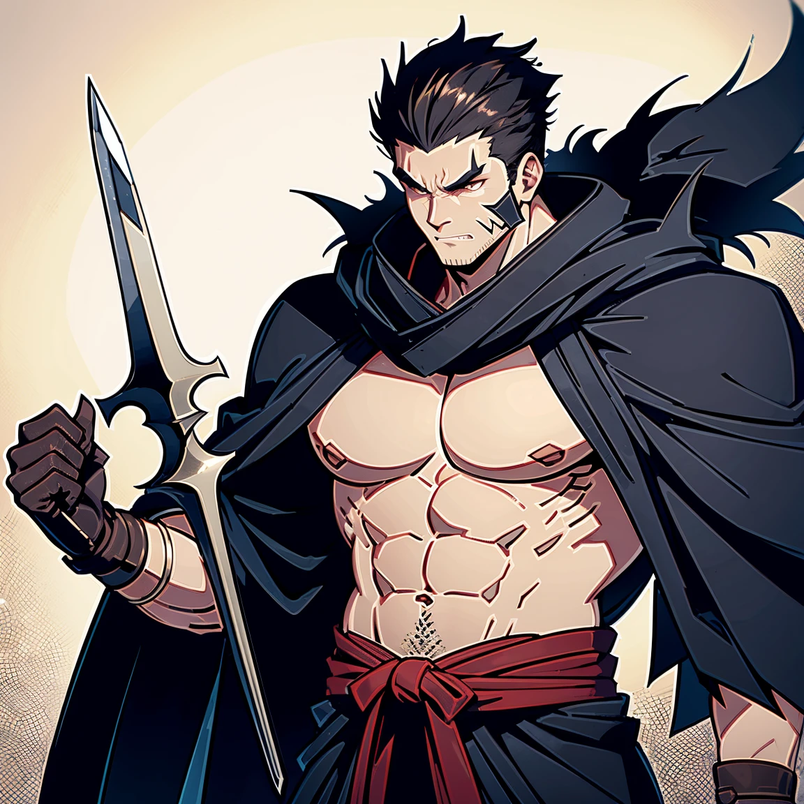 A strong guy full of veins and scars, Besides being big, he has a skull mask and spiky hair, a Japanese robe, a puffy abdomen and sharp teeth., with a blade completely filled with grained cerra, like beserk's mani.