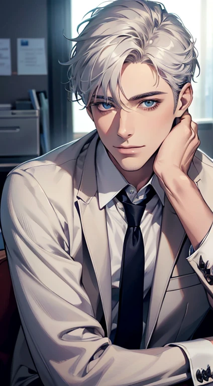(Highest quality,4K,8K,High resolution,masterpiece:1.2),Super detailed,(Realistic,photoRealistic,photo-Realistic:1.37),1 person,31 years old,Mature Men,Beautiful skin、very handsome,Expressionless,smile,Short gray white hair,blue eyes,Sharp Eyes,A perfect face without a doubt,Businessman,Office Background,Cinema Lighting,HDR image,tie、